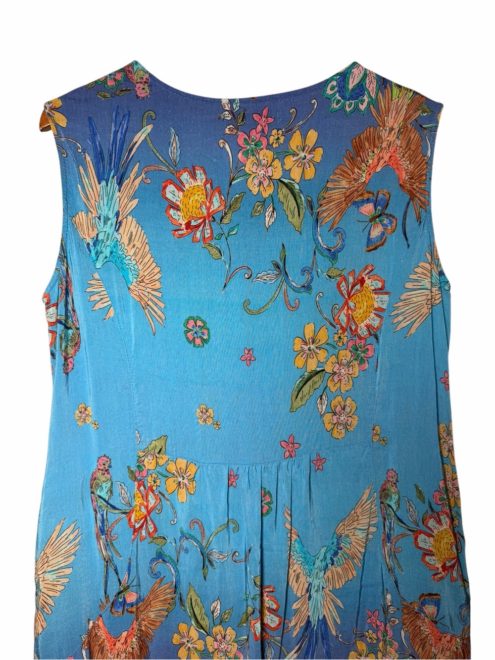 Linen Silk Bird Print Blue Ombre Boho Midi Dress XL - Picture 8 of 11